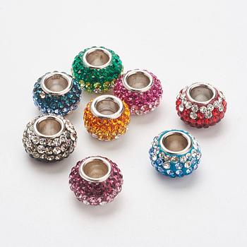 Austrian Crystal European Beads, Large Hole Beads, 925 Sterling Silver Core, Rondelle, Mixed Color, 11.5x7.5mm, Hole: 4.5mm