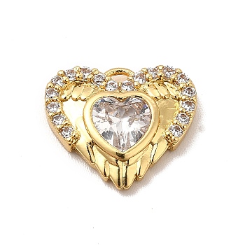 Rack Plating Brass Micro Pave Cubic Zirconia Charms, Cadmium Free & Lead Free, Long-Lasting Plated, Heart with Wing Charm, Real 18K Gold Plated, Clear, 11x13x2.5mm, Hole: 1mm