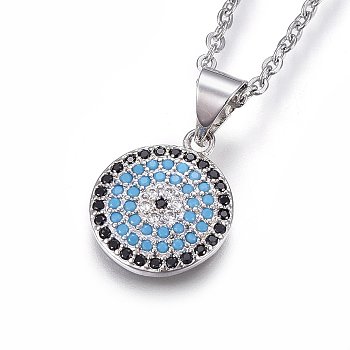 Brass Pave Cubic Zirconia Pendant Necklaces, with Cubic Zirconia, 304 Stainless Steel chain, Colorful, Flat Round, Stainless Steel Color, 17.71 inch(45cm)