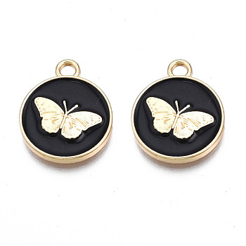 Alloy Enamel Pendants, Cadmium Free & Nickel Free & Lead Free, Light Gold, Flat Round with Butterfly, Black, 18x15x2mm, Hole: 2mm