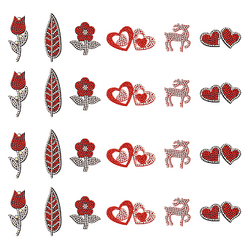 24Pcs 6 Style Valentine's Day Theme Appliques, Felt & Rhinestone Ornament Accessories, Mixed Shapes, 26~62x21~59x2.4~3mm, 4pcs/style
