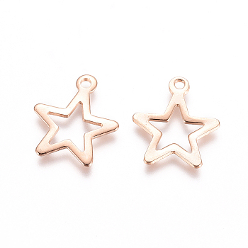 304 Stainless Steel Pendants, Star, Hollow, Rose Gold, 15x13x1mm, Hole: 1.4mm