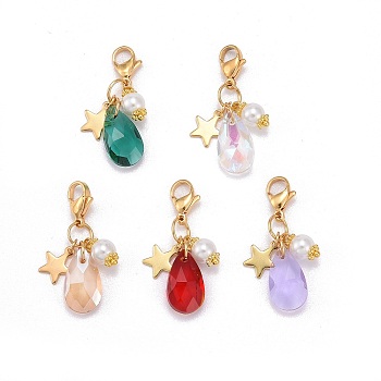 Glass Teardrop & Imitation Pearl & Star Pendant Decorations, with Golden 304 Stainless Steel Lobster Claw Clasps, Mixed Color, 34mm