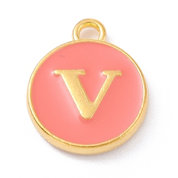 Golden Plated Alloy Enamel Charms, Enamelled Sequins, Flat Round with Alphabet, Letter.V, Hot Pink, 14x12x2mm, Hole: 1.5mm