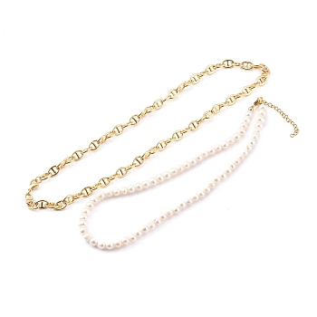 Brass Mariner Link Chain Necklaces & Natural Pearl Beaded Necklaces Sets, with 304 Stainless Steel Lobster Claw Clasps, Seashell Color, Golden, 17.72 inch(45cm), 14.96 inch(38cm), 2pcs/set
