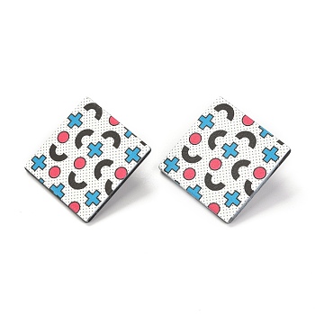Resin Stud Earrings, with 925 Sterling Silver Pins, Rhombus, Platinum, Geometric Pattern, 41x41mm, Pin: 0.6mm, Side Length: 30mm 