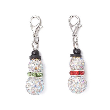 2Pcs Snowman Pave Disco Ball Beads & Brass Rhinestone Pendant Decorations, with Alloy Lobster Claw Clasps, Mixed Color, 41~42mm