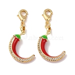 Hot Pepper Brass Micro Pave Clear Cubic Zirconia and Enamel Pendant Decoration, with Lobster Clasp, Rack Plating, Long-Lasting Plated, Cadmium Free & Lead Free, Golden, Red, 39.5mm(KK-T083-01D-G)