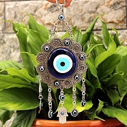 Glass Turkish Blue Evil Eye Blessing Amulet Wall Hanging Decor, with Alloy Flower Hamsa Hand Charm, Hamsa Hand, 300mm(PW-WG85013-03)