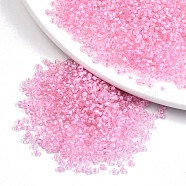 12/0 Glass Seed Beads, Transparent Inside Colours, Round Hole, Round, Pearl Pink, 12/0, 2~2.5x1.5~2mm, Hole: 0.8mm, about 3333pcs/50g(X-SEED-A014-2mm-137)