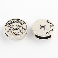 Antique Silver Plated Tibetan Style Flat Round Alloy Slide Charms, with Constellation/Zodiac Sign, Cadmium Free & Lead Free, Gemini, 17~18x5mm, Hole: 11x3mm, about 25pcs/92g(TIBEB-Q063-01AS-NR)