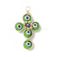 Brass Wire Wrapped Handmade Evil Eye Lampwork Pendants, with Glass Beads, Cross Charm, Olive Drab, 40x24x8.5mm, Hole: 3mm(PALLOY-TA00036-05)