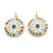Real 18K Gold Plated Brass Micro Pave Cubic Zirconia Pendants, with Enamel and Jump Ring, Long-Lasting Plated, Flat Round with Flower, Light Blue, 19x16x3mm, Jump Ring: 5x0.8mm, 3.4mm inner diameter(ZIRC-M114-51G-04)