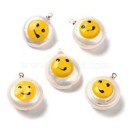 Natural Pearl Pendants with Enamel, Smiling Face Print Flat Round Charms with Golden Tone Brass Pendant Bails, Seashell Color, 20~20.5x16~17x9~12mm, Hole: 1.2mm(PEAR-G013-04)