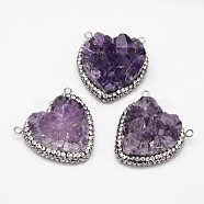 Heart Natural Druzy Amethyst Pendants, with Rhinestone and Brass Findings, Platinum, 29~30x29x11~14mm, Hole: 2mm(G-A144-07)