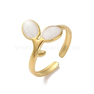 Real 18K Gold Plated 304 Stainless Steel Enamel Cuff Rings, Leaf, White, Adjustable(RJEW-M171-28G-01)