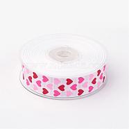 Polyester Grosgrain Ribbon, with Heart Printed, White, 1 inch(25mm), about 100yards/roll(91.44m/roll)(SRIB-D060-25mm-02)