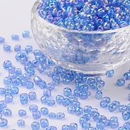 (Repacking Service Available) Round Glass Seed Beads, Transparent Colours Rainbow, Round, Cornflower Blue, 6/0, 4mm, about 12g/bag(SEED-C016-4mm-166)