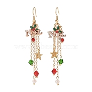 Word Noel Alloy Enamel & Glass Beads Dangle Earrings, Golden Brass Tassel Earrings for Christmas, Colorful, 80mm, Pin: 0.9mm(EJEW-TA00229)