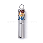 Openable 304 Stainless Steel Perfume Bottle Pendants, with Perfume Pad, Column with Flower Charm, Stainless Steel Color, 47x9.5mm, Hole: 5mm(STAS-D097-12P)