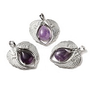 Natural Amethyst Teardrop Pendants, Wing Charms, with Rack Plating Platinum Plated Brass Findings, Lead Free & Cadmium Free, 36x34x8~8.5mm, Hole: 8x5mm(KK-K331-02P-08)
