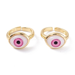 Brass Cuff Rings, Open Rings, with Resin Beads, Long-Lasting Plated, Real 18K Gold Plated, Evil Eye, Pink, 3mm, Inner Diameter: 17mm(RJEW-M138-23G-D)
