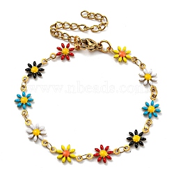 Ion Plating(IP) Golden 304 Stainless Steel Flower Link Chain Bracelets with Enamel, Colorful, 6-1/2 inch(16.5cm)(BJEW-E088-02G-07)