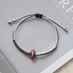 Sports Theme Waxed Cord Braided Bracelets, Resin Bead Jewelry for Women Men, Saddle Brown, Rugby, 5.91~11.81 inch(15~30cm)(FS-WG8B70B-06)