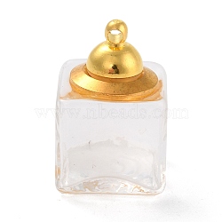 Glass Bottle Pendants, with 
Brass Cap, Wish Bottle Pendant, Refillable Bottle Pendant, Cube, Golden, Clear, 23mm, Hole: 1.8mm(GLAA-K056-01G)