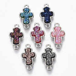 Alloy Links, with Druzy Resin Cabochons, Cross, Platinum, Mixed Color, 19x10.5x4mm, Hole: 1.4mm(X-PALLOY-R119-12)