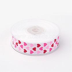 Polyester Grosgrain Ribbon, with Heart Printed, White, 1 inches(25mm), about 100yards/roll(91.44m/roll)(SRIB-D060-25mm-02)