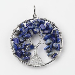 Tree of Life Natural Lapis Lazuli Big Pendants, with Brass Findings, Platinum, 63~65x49~51x8~10mm, Hole: 8~10mm(G-L455-D03)