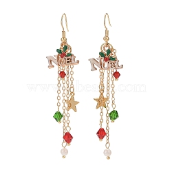Word Noel Alloy Enamel & Glass Beads Dangle Earrings, Golden Brass Tassel Earrings for Christmas, Colorful, 80mm, Pin: 0.9mm(EJEW-TA00229)