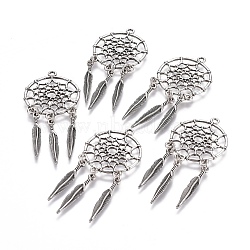Tibetan Style Alloy Pendants, Woven Net/Web with Feather, Lead Free & Nickel Free & Cadmium Free, Thailand Sterling Silver Plated, 63x28x1.5mm, Hole: 2mm(TIBE-Q054-14TAS-NR)