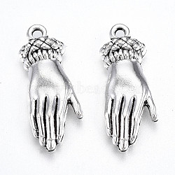 Tibetan Style Alloy Pendants, Lead Free & Cadmium Free, Hand, Antique Silver, 26x10x3mm, Hole: 1.6mm(X-TIBE-S323-037AS-RS)