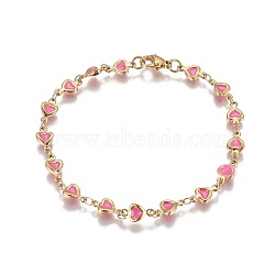 Ion Plating(IP) 304 Stainless Steel Link Bracelets, with Enamel and Lobster Claw Clasps, Heart, Golden, Pink, 8-1/8 inches(20.7cm)(BJEW-I274-36A)