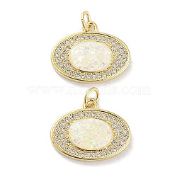 Brass Micro Pave Clear Cubic Zirconia Pendants, with Synthetic Opal and Jump Rings, Real 18K Gold Plated, Oval Charms, White, 15.5x19x3mm, Hole: 3mm(KK-L213-035G)