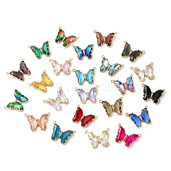 Brass Pave Faceted Glass Connector Charms, Golden Tone Butterfly Links, Mixed Color, 17.5x23x5mm, Hole: 0.9mm(FIND-Z020-03)