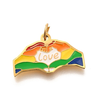 Pride 304 Stainless Steel Enamel Pendants, Rainbow Color, with Jump Ring, Word Love, Palm, 12x21x1.5mm, Hole: 3.5mm