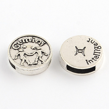 Antique Silver Plated Tibetan Style Flat Round Alloy Slide Charms, with Constellation/Zodiac Sign, Cadmium Free & Lead Free, Gemini, 17~18x5mm, Hole: 11x3mm, about 25pcs/92g