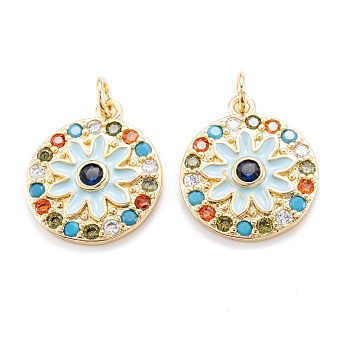 Real 18K Gold Plated Brass Micro Pave Cubic Zirconia Pendants, with Enamel and Jump Ring, Long-Lasting Plated, Flat Round with Flower, Light Blue, 19x16x3mm, Jump Ring: 5x0.8mm, 3.4mm inner diameter