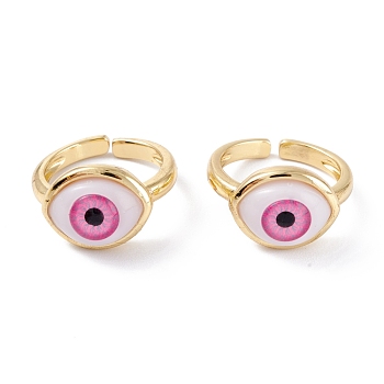 Brass Cuff Rings, Open Rings, with Resin Beads, Long-Lasting Plated, Real 18K Gold Plated, Evil Eye, Pink, 3mm, Inner Diameter: 17mm