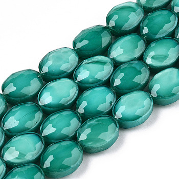 Opaque Solid Color Glass Beads Strands, Faceted, Oval, Light Sea Green, 8.5~9x11.5~12x5.5~6mm, Hole: 1~1.2mm, about 30pcs/strand, 14.96 inch(38cm)