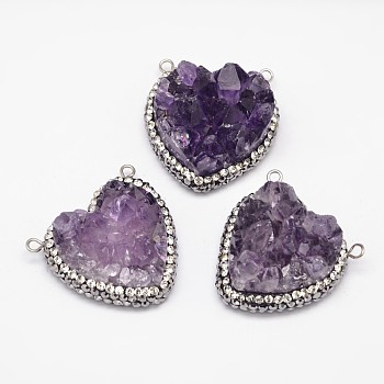 Heart Natural Druzy Amethyst Pendants, with Rhinestone and Brass Findings, Platinum, 29~30x29x11~14mm, Hole: 2mm