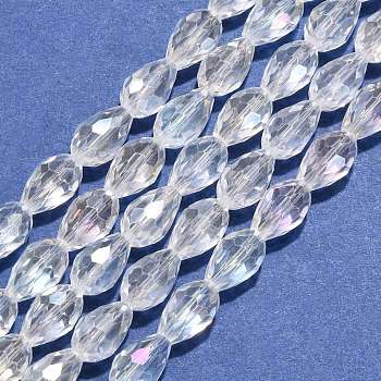 Electroplate Glass Beads Strands, AB Color Plated, Faceted Teardrop, Clear AB, 12x8mm, 58pcs/strand, 26.5 inch