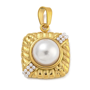 Ion Plating(IP) 304 Stainless Steel Pendants, with ABS Imitation Pearl, Golden, Square, 18.5x15.5x7mm, Hole: 5x2.5mm