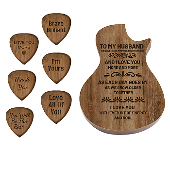 Guitar Shaped Wooden Guitar Picks Box, with 6 Pcs Traingle Wood Guitar Picks, Word, 32x27x2.5mm, 6pcs/set