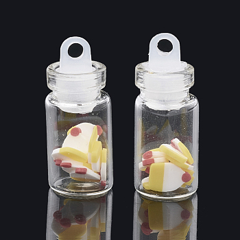 Handmade Polymer Clay Nail Art Decoration Accessories, with Glass Wishing Bottle and CCB Plastic Bottle Stopper, Cake, Yellow, 5.5~7x4~6x0.1~1mm, bottle: 27.5x11mm, hole: 3mm