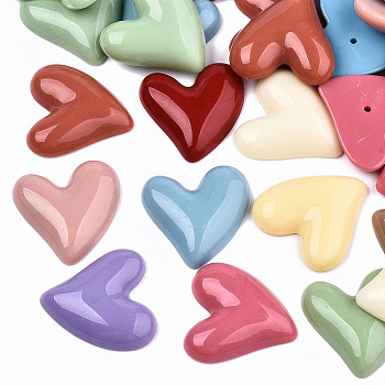Opaque Resin Beads, Half Drilled, Heart, Mixed Color, 26x26x6mm, Hole: 1.2mm
