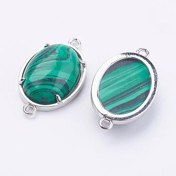 Brass Synthetic Malachite Links connectors, Oval, Platinum, 15x26x5.5~7mm, Hole: 1.5~2mm